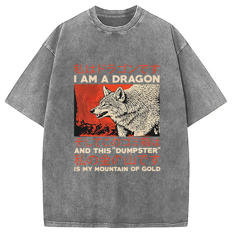Tokyocanvas I Am A Dragon Coyote Raccoon Trash Graphic Washed T-Shirt
