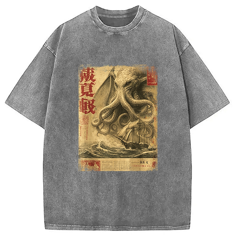 Tokyocanvas Cthulhu Kraken Vintage Japanese Sea Monster Newspaper Washed T-Shirt