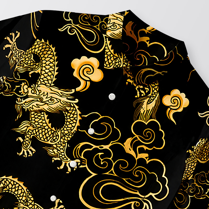 Tokyocanvas Black Gold Oriental Dragon Button-up Shirt