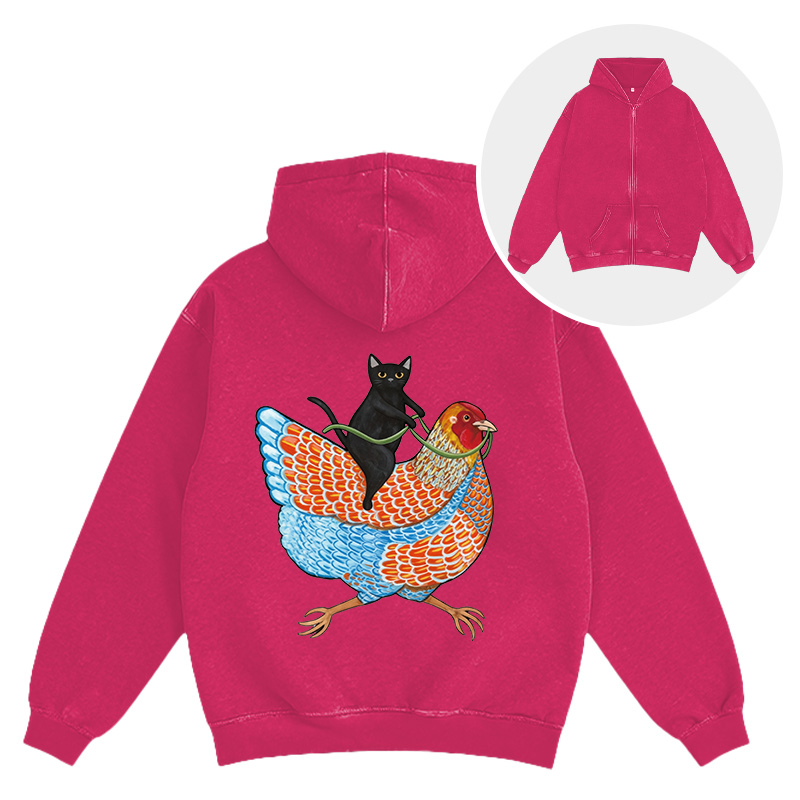 Tokyocanvas Black Cat On a Wyandotte Chicken Washed Zip Hoodie
