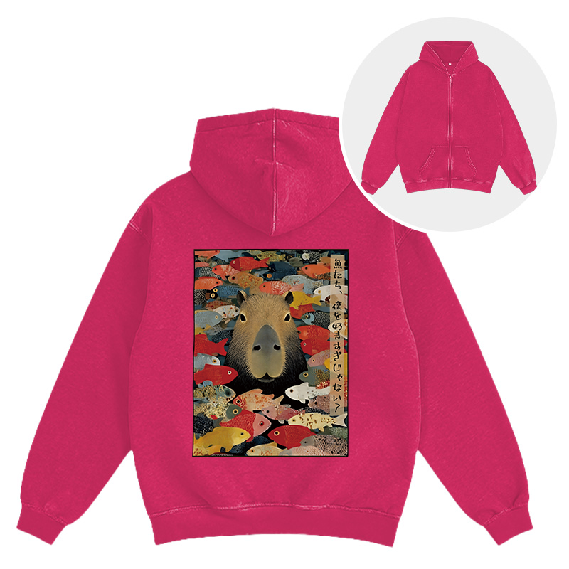 Tokyocanvas Am I Too Lovable Capybara Washed Zip Hoodie