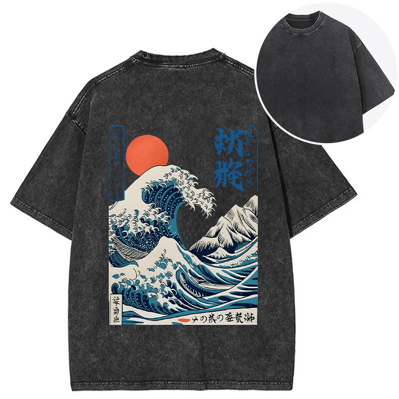 Tokyocanvas Ukiyo-e Ocean Waves Japan Back Washed T-Shirt
