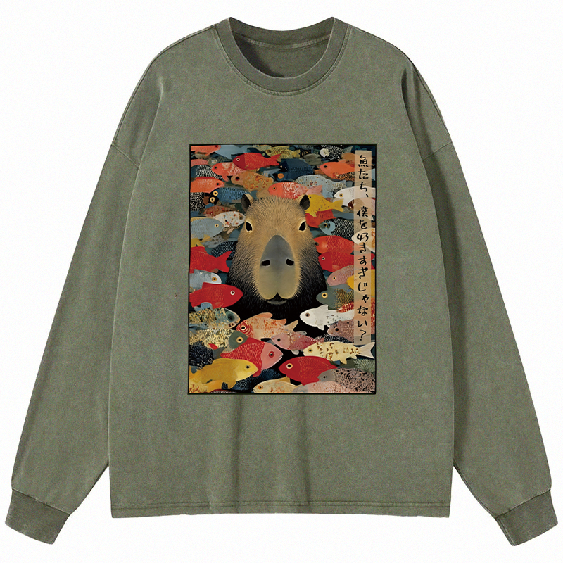 Tokyocanvas Am I Too Lovable Capybara Long Sleeve Washed T-Shirt