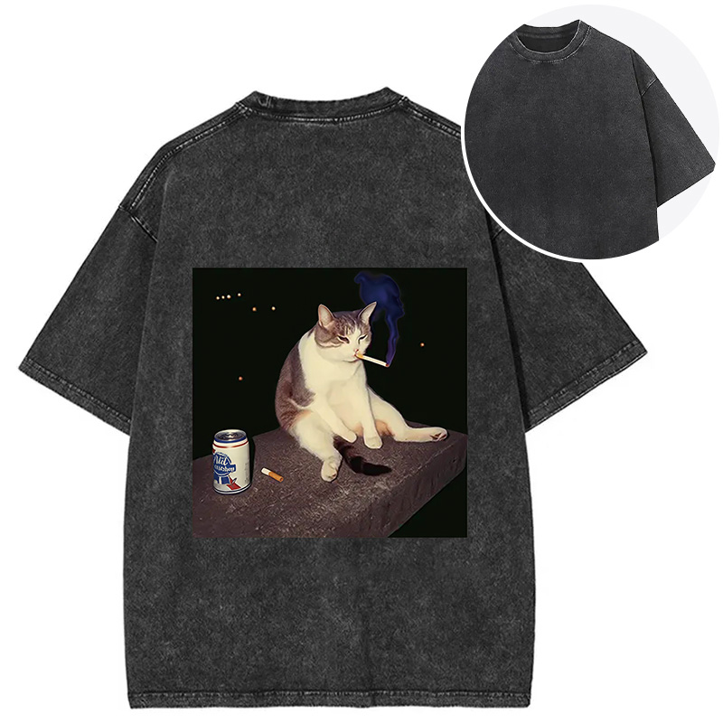 Tokyocanvas Cigarette Kitten Funny Smoking Cat Meme Back Washed T-Shirt
