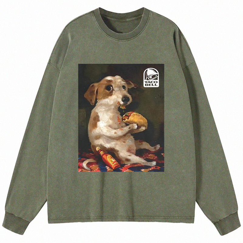 Tokyocanvas Dog Chill With Taco Bell Vintage Long Sleeve Washed T-Shirt
