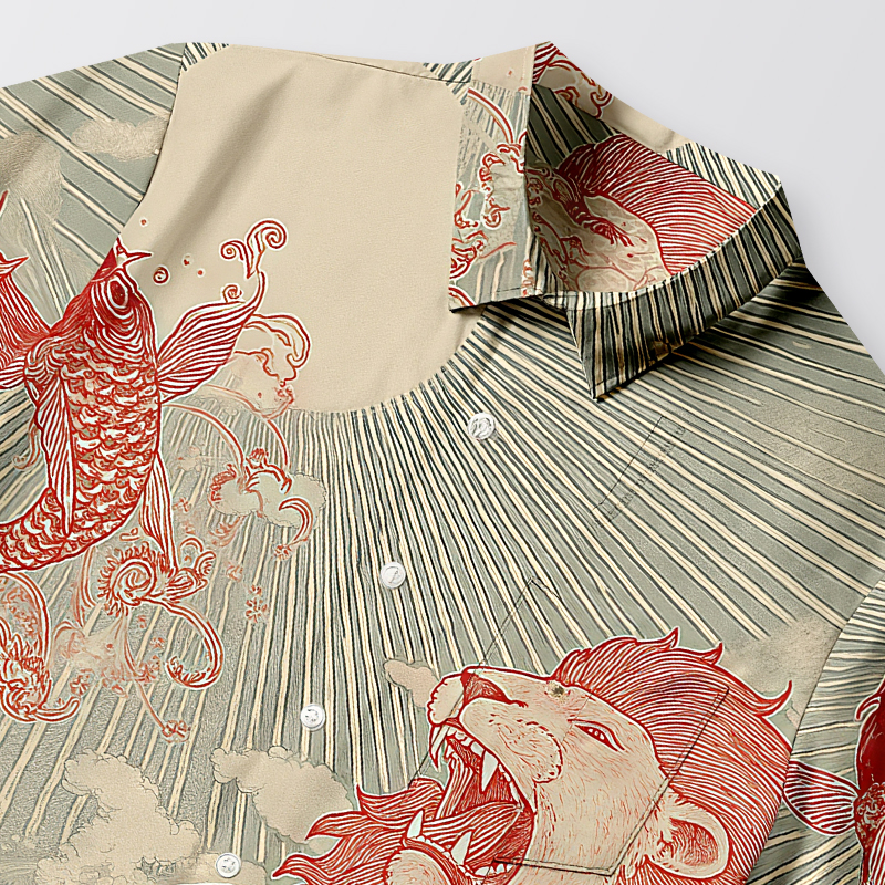 Tokyocanvas Waves Of Lion And Koi Button-up Shirt