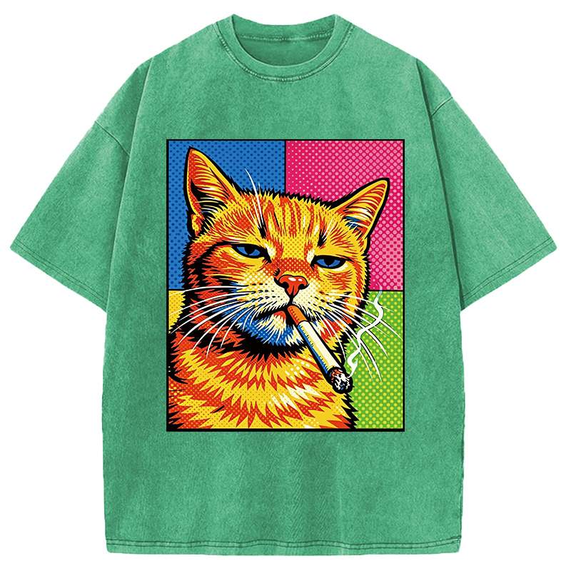 Tokyocanvas Cat Smoking Cigarette Washed T-Shirt