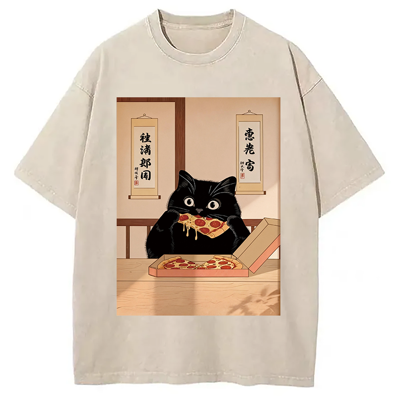 Tokyocanvas Black Cat Pizza Ukiyo-e Washed T-Shirt