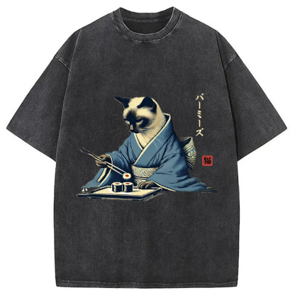 Tokyocanvas Cat In Kimono Eating Sushi Washed T-Shirt