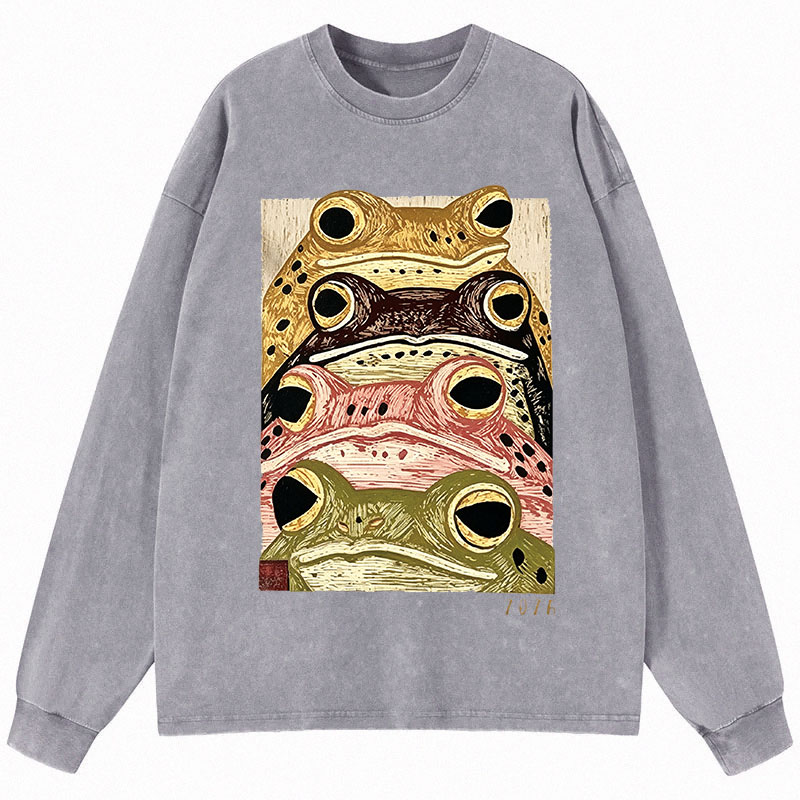 Tokyocanvas Whimsical Multi Colored Frog Art Long Sleeve Washed T-Shirt