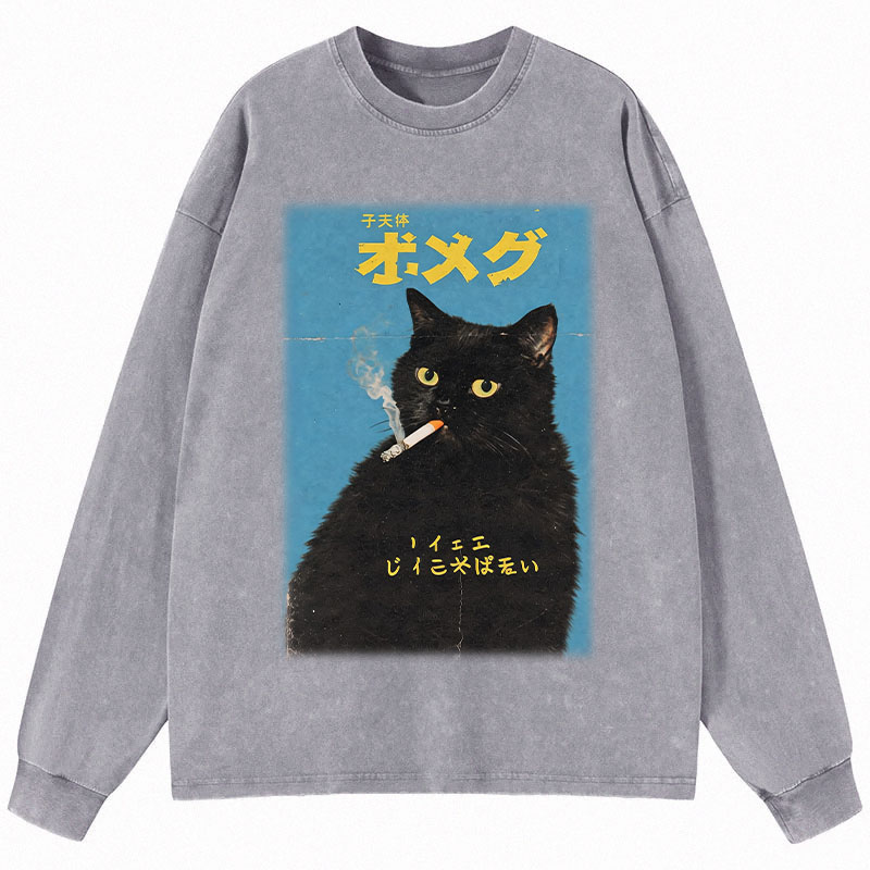 Tokyocanvas Vintage Japanese Smoking Black Cat Long Sleeve Washed T-Shirt