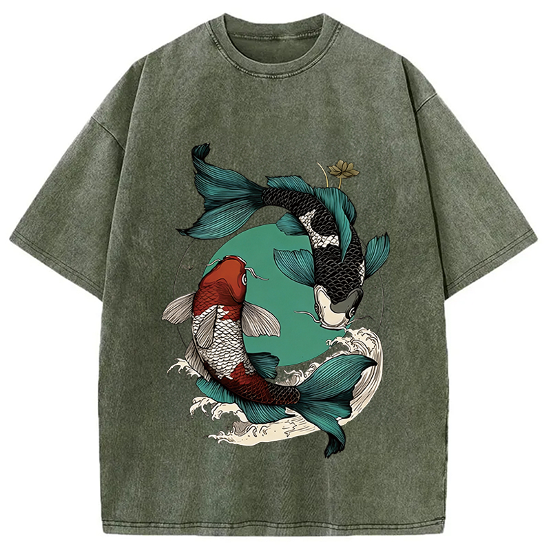 Tokyocanvas YinYang Koi Fish Zen Washed T-Shirt