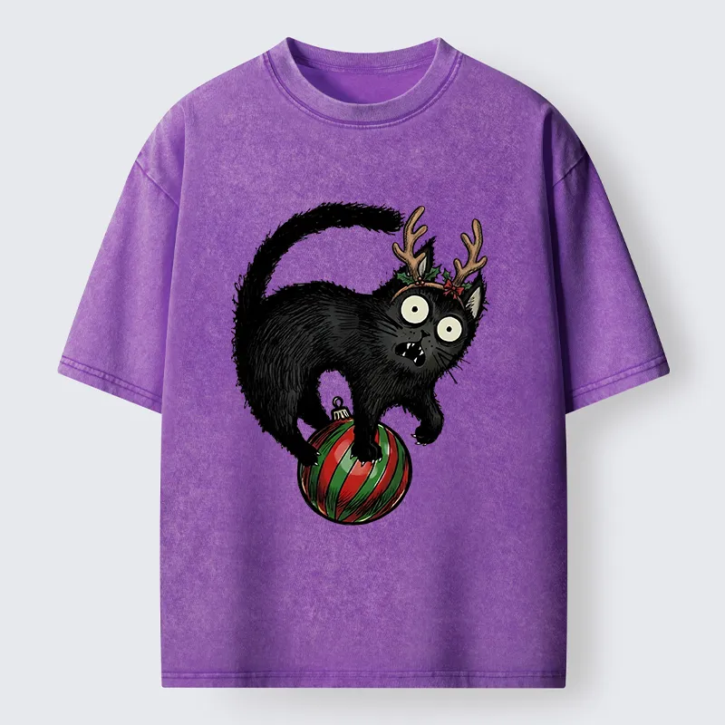 Tokyocanvas Black Cat Playing With Christmas Bauble Washed T-Shirt