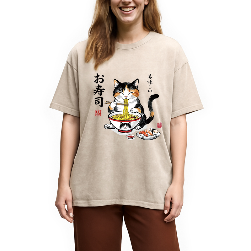 Tokyocanvas Cats Eat Japanese Food Washed T-Shirt