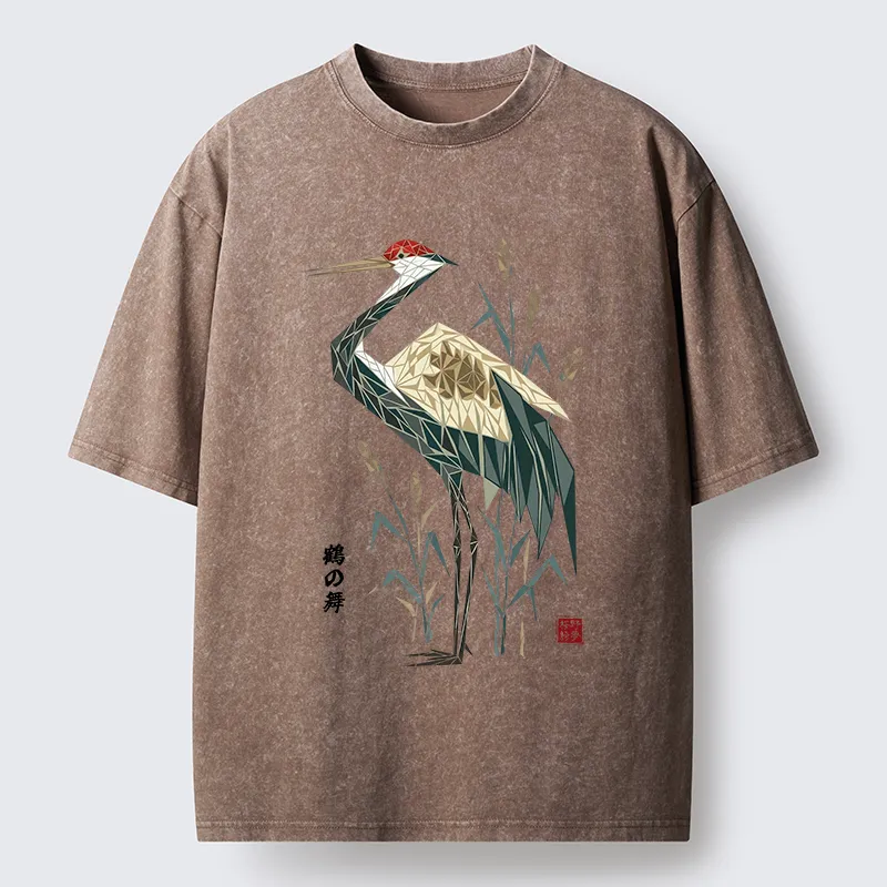 Tokyocanvas Geometric Crane Oriental Art Washed T-Shirt