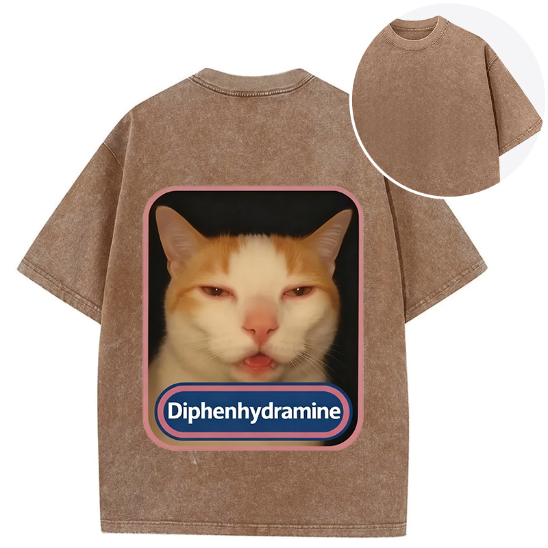 Tokyocanvas Pink Diphenhydramine Meme Cat Back Washed T-Shirt