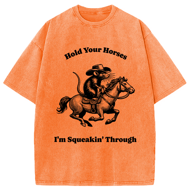 Tokyocanvas Hold Your Horse Funny Cowboy Rat Washed T-Shirt