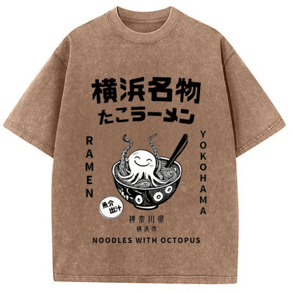 Tokyocanvas Japanese Kanji Art Octopus Ramen Washed T-Shirt