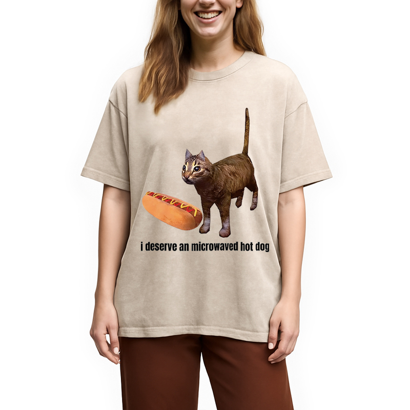 Tokyocanvas Cat Hotdog Meme Washed T-Shirt