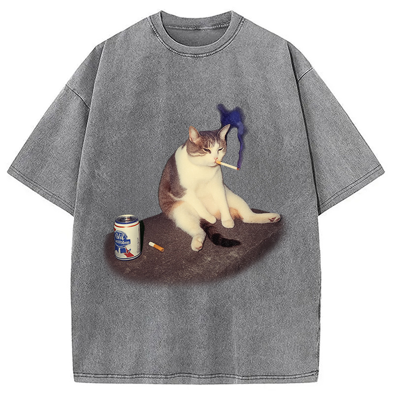 Tokyocanvas Custom Cat Smoking Meme Washed T-Shirt