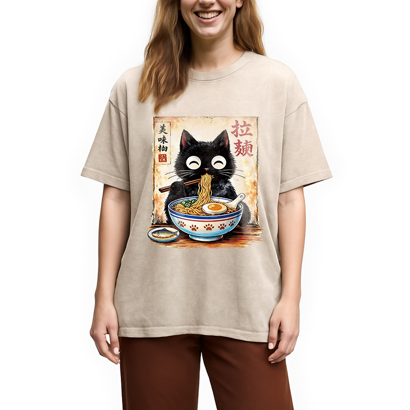 Tokyocanvas Cute Cat Slurping Ramen Washed T-Shirt