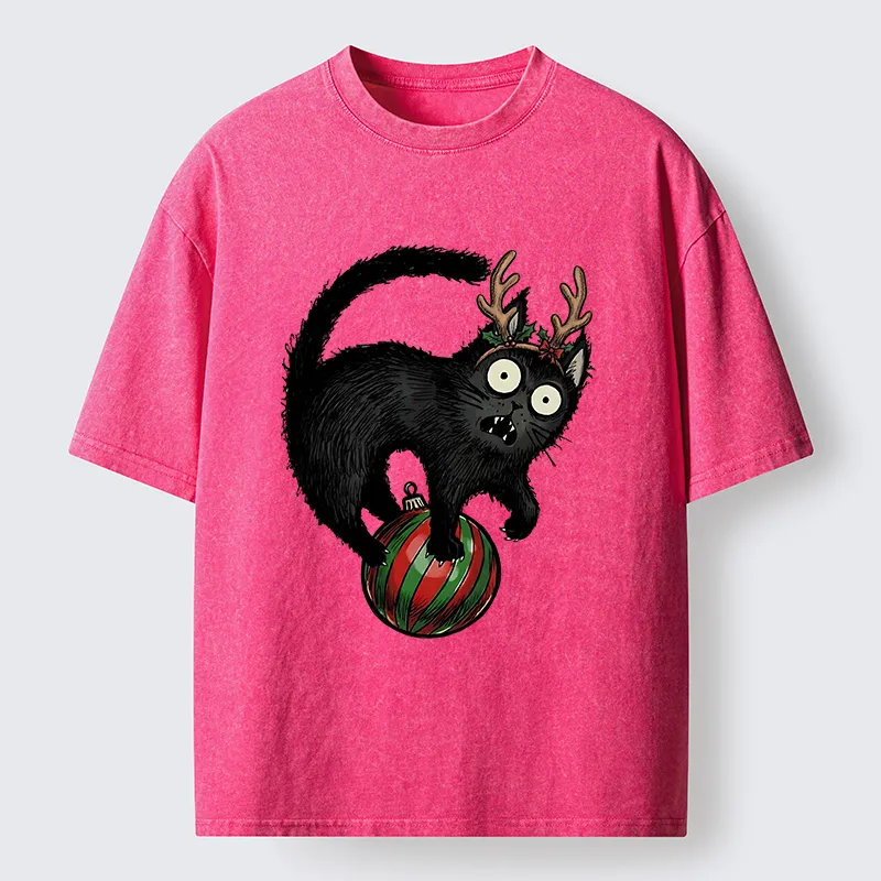 Tokyocanvas Black Cat Playing With Christmas Bauble Washed T-Shirt