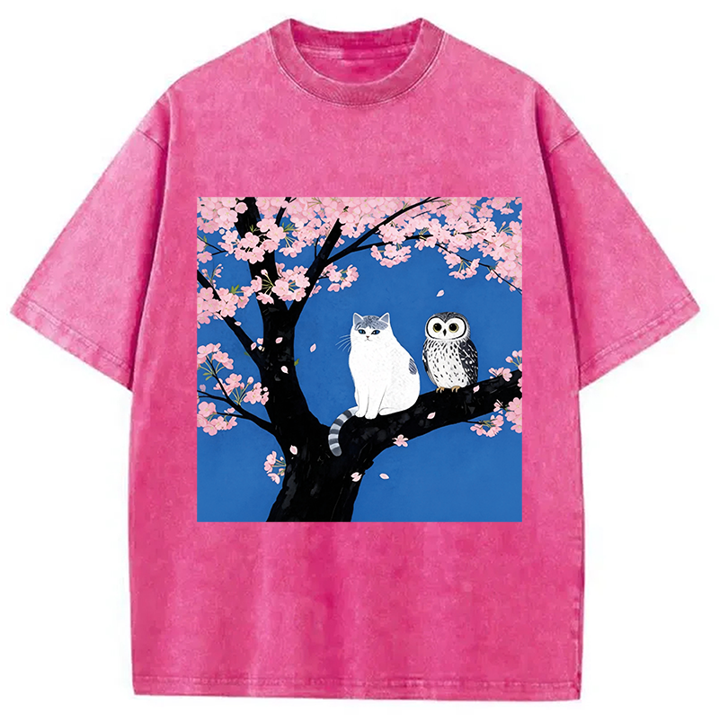 Tokyocanvas Cat And Owl Under Sakura Washed T-Shirt