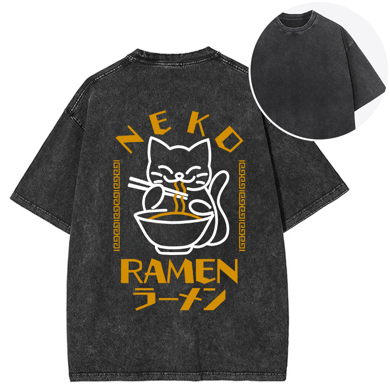 Tokyocanvas Cat Obsessed With Ramen Back Washed T-Shirt