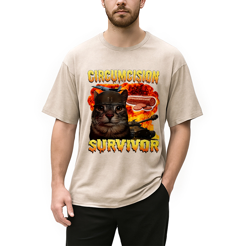 Tokyocanvas Circumcision Survivor Funny Cat Meme Washed T-Shirt