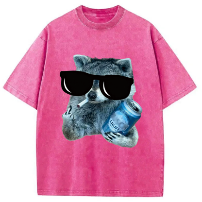 Tokyocanvas Raccoon Drinking Beer Washed T-Shirt