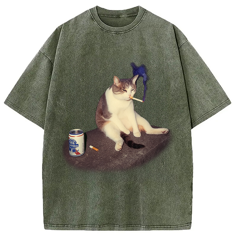Tokyocanvas Custom Cat Smoking Meme Washed T-Shirt