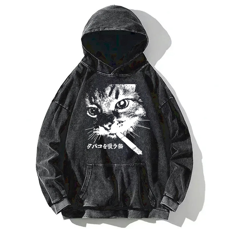 Tokyocanvas Retro Cat Smoking Washed Hoodie