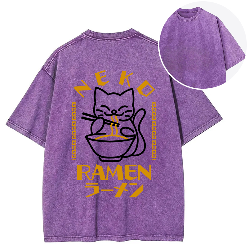 Tokyocanvas Cat Obsessed With Ramen Back Washed T-Shirt