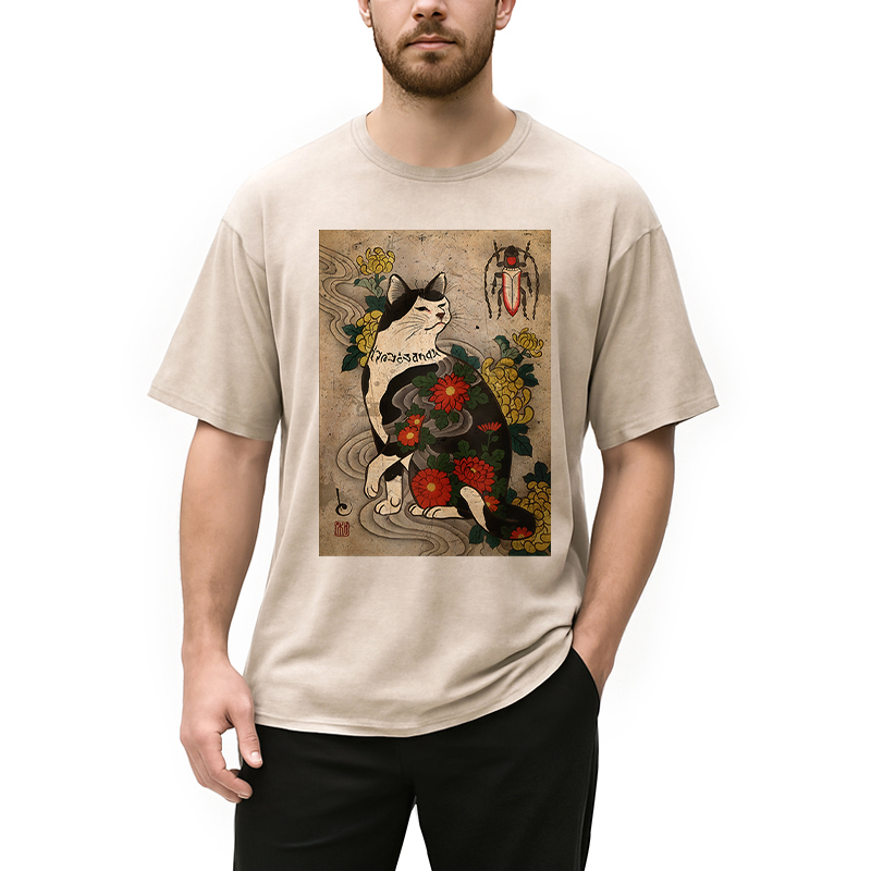 Tokyocanvas Cat Tattoo Floral Washed T-Shirt