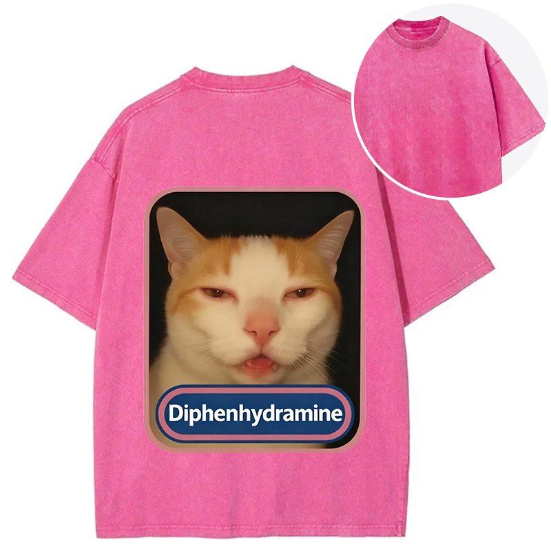 Tokyocanvas Pink Diphenhydramine Meme Cat Back Washed T-Shirt