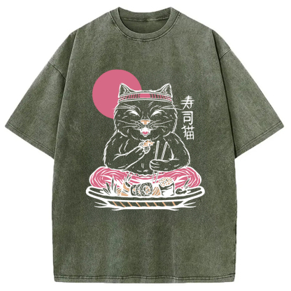 Tokyocanvas Cute Sushi Cat Eating Washed T-Shirt