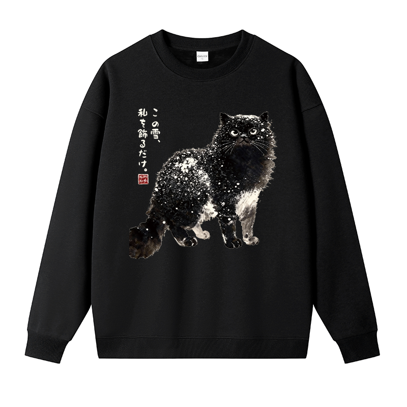 Tokyocanvas Black Cat Adorned by Snow Fleece Lined Sweatshirt