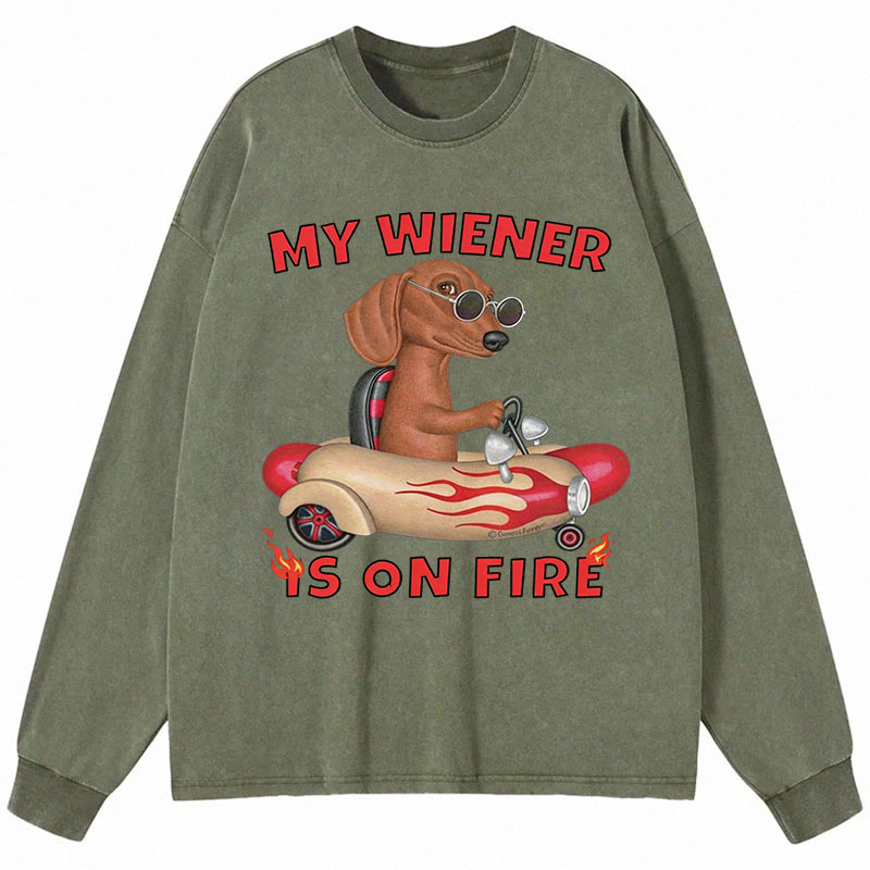 Tokyocanvas My Wiener Is On Fire Funny Dog Long Sleeve Washed T-Shirt