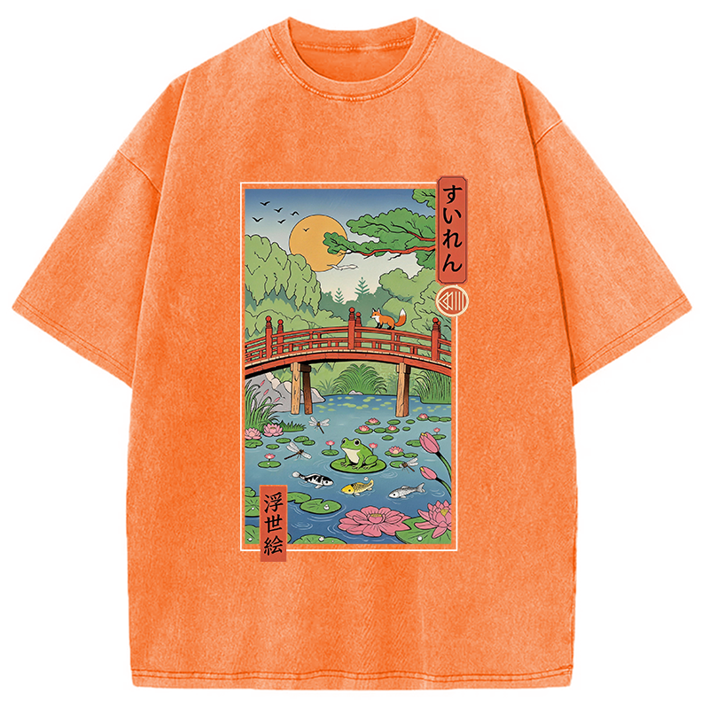 Tokyocanvas Water Lilies Ukiyo-e Washed T-Shirt