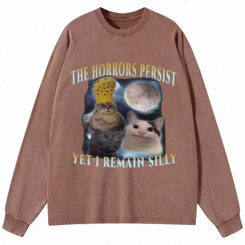 Tokyocanvas The Horrors Persist Yet I Remain Silly Cat Long Sleeve Washed T-Shirt