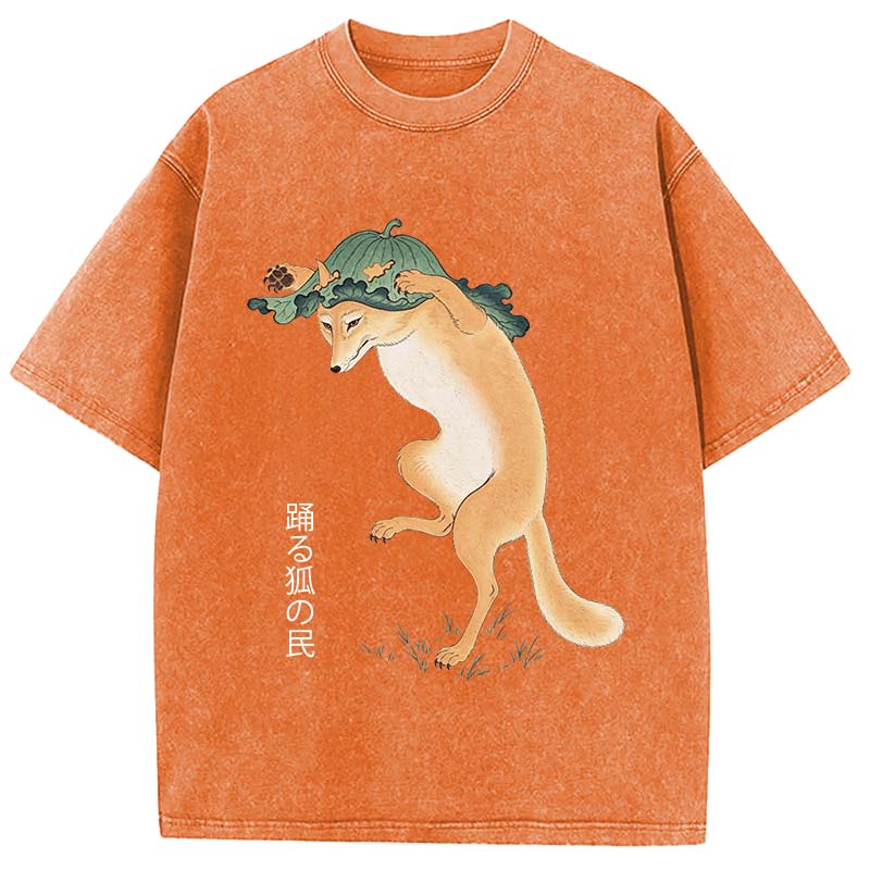 Tokyocanvas Dancing Fox Folk Woodblock Art Washed T-Shirt