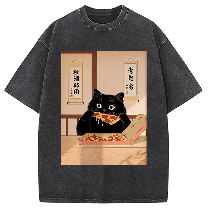 Tokyocanvas Black Cat Pizza Ukiyo-e Washed T-Shirt
