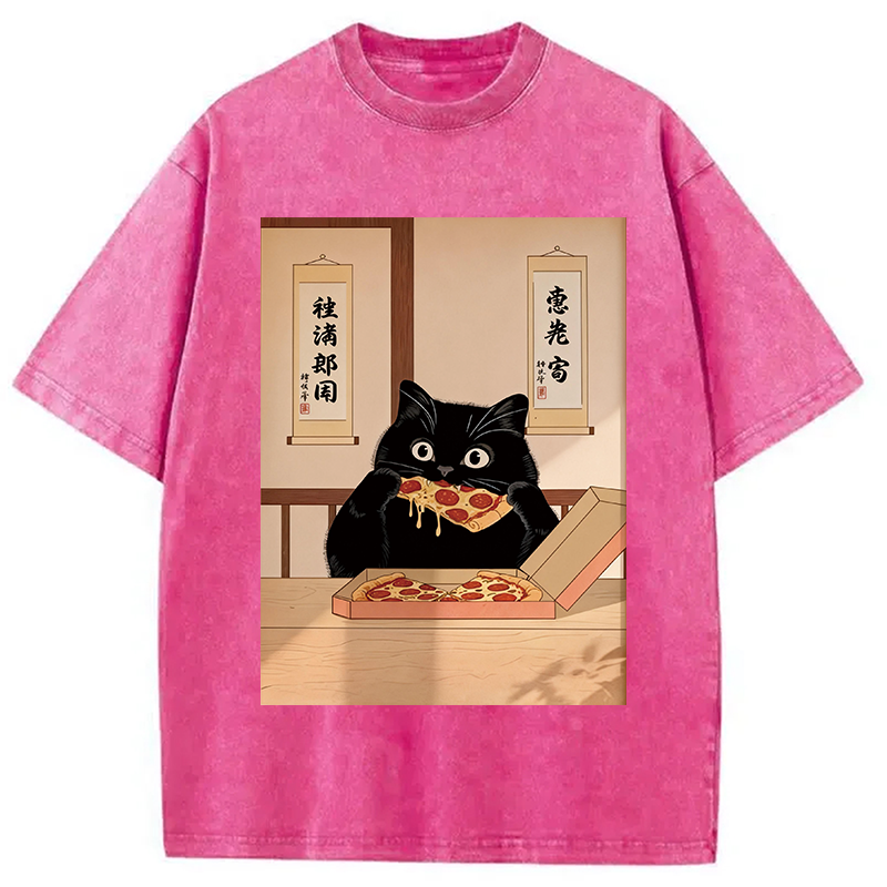 Tokyocanvas Black Cat Pizza Ukiyo-e Washed T-Shirt
