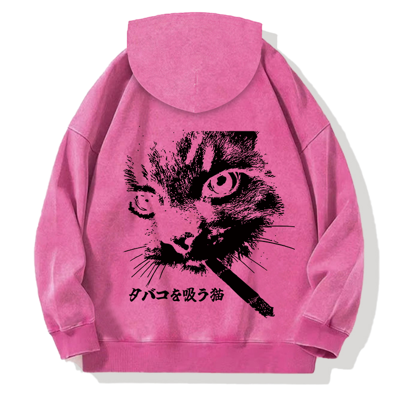 Tokyocanvas Retro Cat Smoking Back Washed Hoodie
