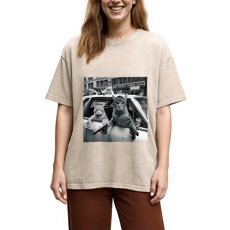 Tokyocanvas Funny Gangster Cats Washed T-Shirt