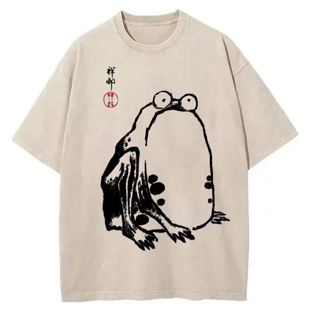 Tokyocanvas Grumpy Frog Aesthetic Japanese Art Washed T-Shirt
