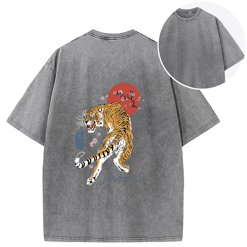 Tokyocanvas Tiger Blossom Japanese Sakura Back Washed T-Shirt