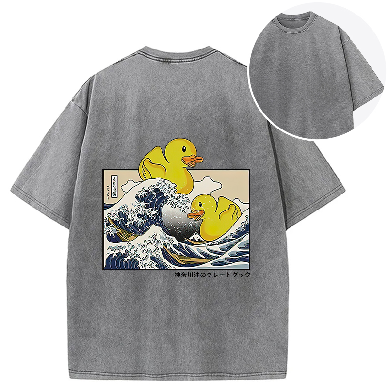 Tokyocanvas Ukiyoe Waves And Cute Yellow Duck Back Washed T-Shirt
