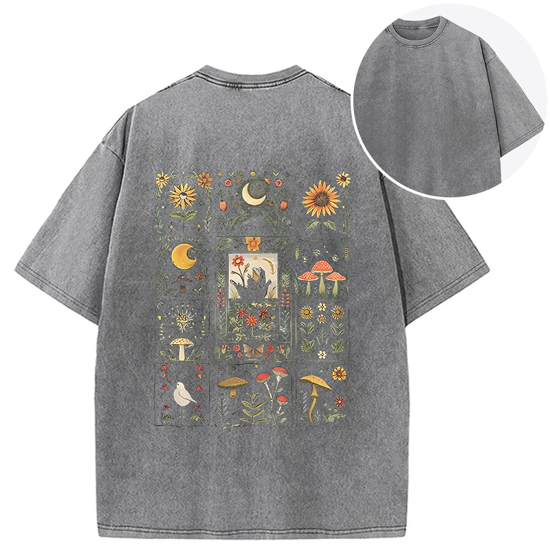 Tokyocanvas Frog Cottagecore Floral Whimsical Mushroom Back Washed T-Shirt