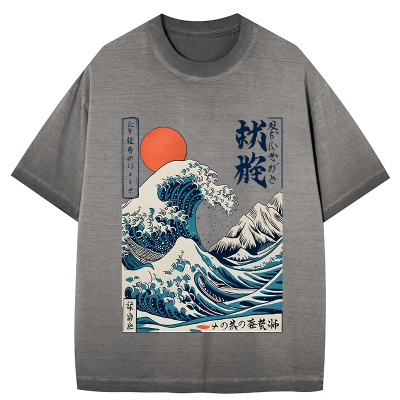 Tokyocanvas Ukiyo-e Ocean Waves Japan Gradient Washed T-Shirt